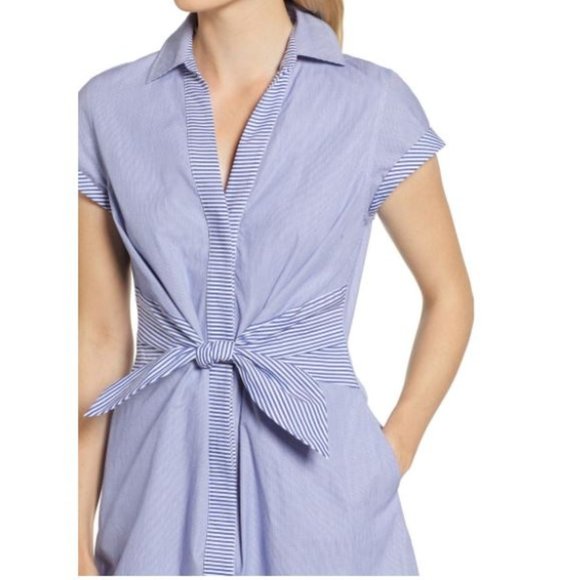 Tie Front Mix Stripe Shirt Seersucker Dress - Picture 2 of 6